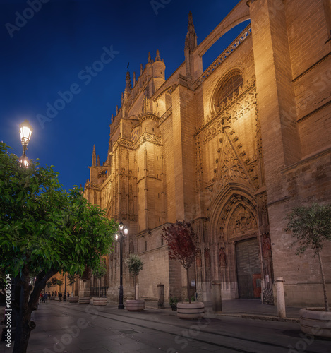 Seville Cathedral at night with Door of the Prince (Puerta del Principe) - Seville, Andalusia, Spain