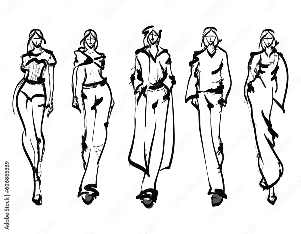 Set of Stylish fashion models. Pretty young girls. Fashion woman Sketch Set of Stylish fashion models. Pretty young girls. Fashion woman Sketch