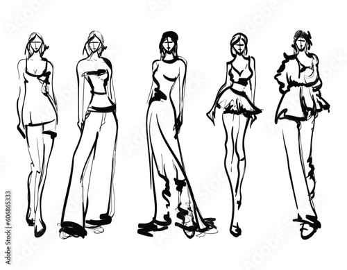 Set of Stylish fashion models. Pretty young girls. Fashion woman Sketch