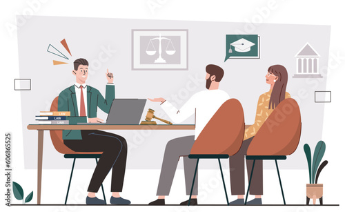 Law firm concept. Man and woman came for advice to notary or lawyer. Protection of rights and court. Legal support for business, consulting. Attorney and judgement. Cartoon flat vector illustration