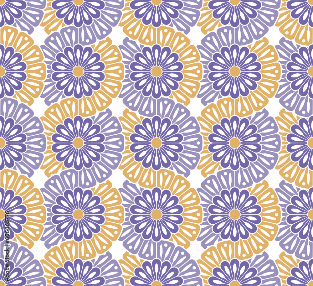 Seamless repeating floral pattern with abstract decorative daisy flowers in purple and yellow on a white background. Vector illustration for textile, wrapping, print, and decoration.