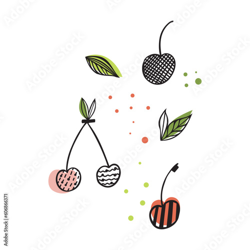 Flat vector icon of appetizing cherries. Abstract Sliced fruits, Abstract flat stickers, emblems and labels for orange fresh juice. Graphic design editable for your design. Isolated. EPS 10.