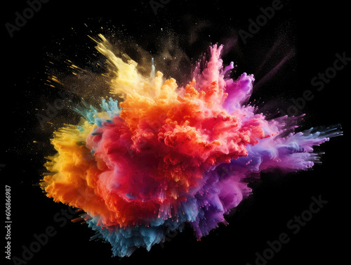 Explosion of colored powder on a black background, generative ai