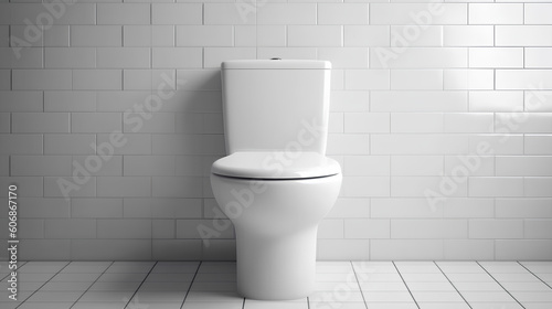 Modern porcelain toilet bowl in the toilet on the background of a white tiled wall. Generative AI.