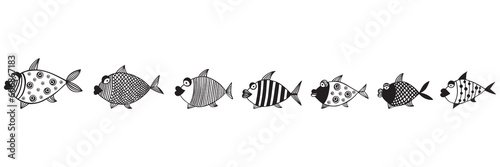 Stylized fishes. Aquarium fish. Ornamental fish. River fish. Sea fish. Children's drawing. Black and white drawing by hand. Line art. Set.