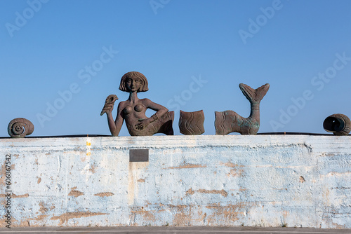 Bronze Mermaid Statue on Gytheio Harbour, Wall Mani Peninsula