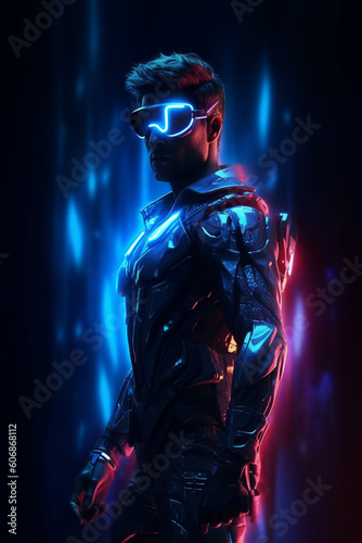 A neon man a neon jacket, cyberpunk man with generative ai