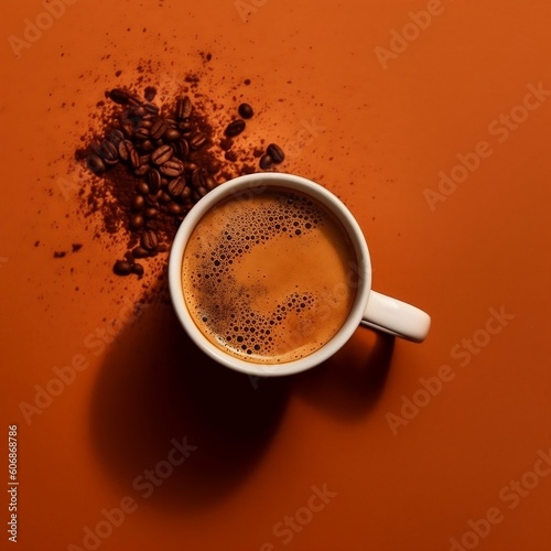 cup of coffee with coffee beans on an orange background
