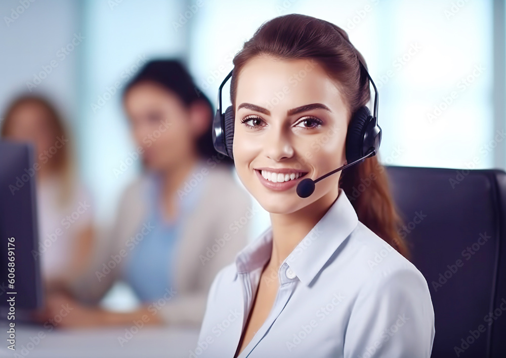 Woman, call center and portrait smile with headset mic for consulting in telemarketing, customer service or support. Happy female consultant or agent . generative AI Woman, call center and portrait smile with headset mic for consulting in telemarketing, customer service or support. Happy female consultant or agent . generative AI