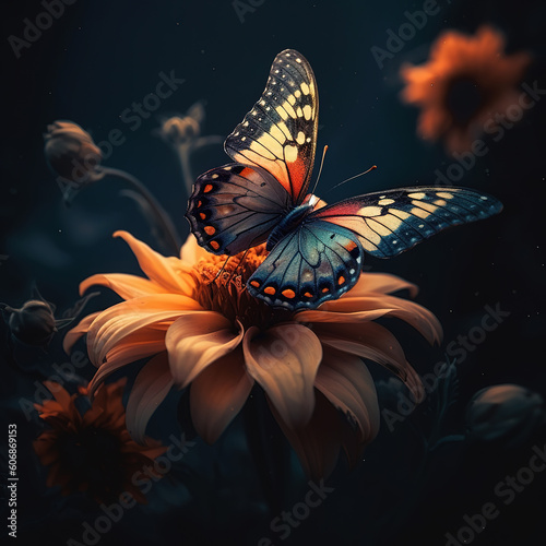 butterfly on a flower on a black background. Image created with Generative AI technology. © Lucky Fenix