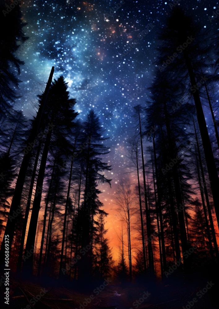 The night forest is a beautiful cosmic night. Starry sky landscape at night in the forest The night forest is a beautiful cosmic night. Starry sky landscape at night in the forest