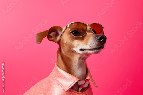 pop portrait of a dog on a leather jacket over a pink vibrant background © QuantumVisions