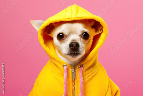 Fototapeta Naklejka Na Ścianę i Meble -  pop portrait of a happy dog on a yellow hooded jacket over a pink background