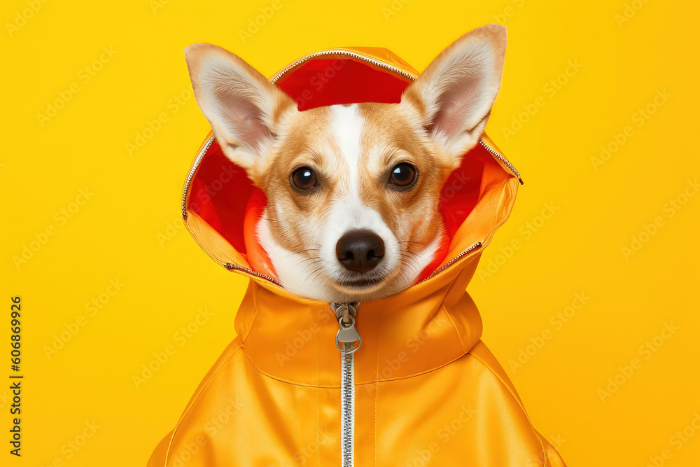 pop portrait of a dog wearing a yellow jacket