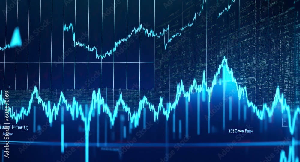 Perspective view of stock market growth, business investing and data concept with digital financial chart graphs, diagrams and indicators on dark blue blurry background. Ai Generative