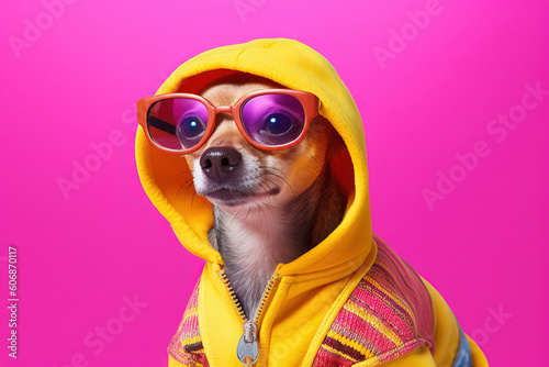 pop portrait of a dog with red sunlgasses wearing a yellow jacket © QuantumVisions