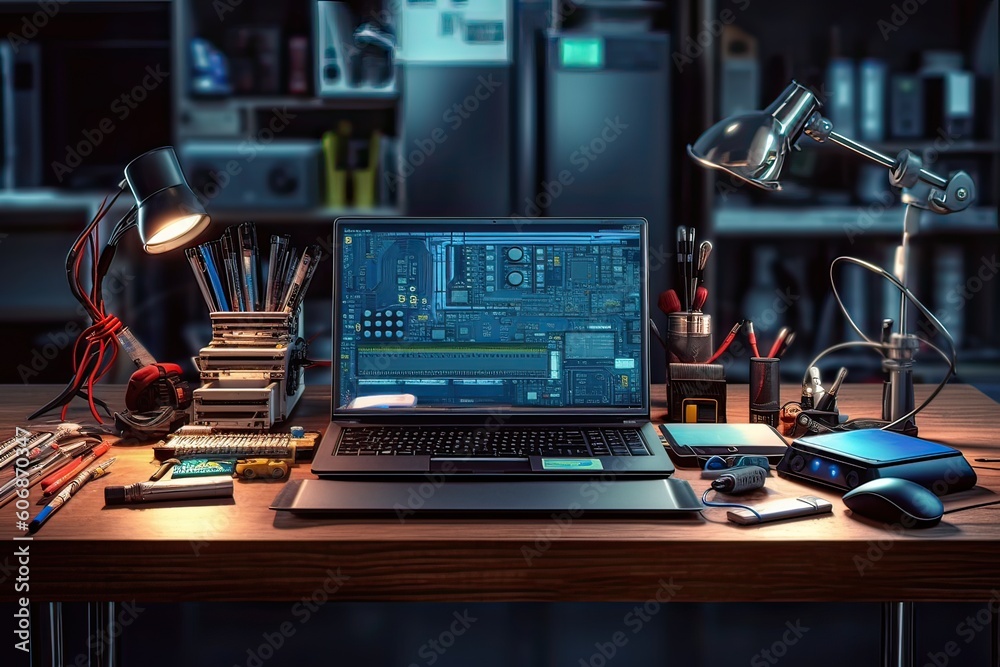 computer server table with pc tablet stuff tools equipment photography Generative AI computer server table with pc tablet stuff tools equipment photography Generative AI