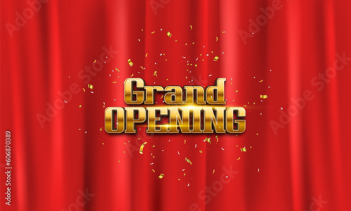 Grand opening logo with confetti on red curtain background. Ceremony presentation. Vector illustration.