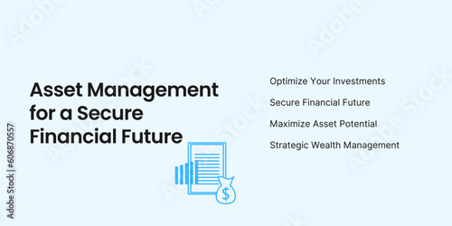 Asset Management Banner on Light Background. Stylish Financial Banner with Black Text and Blue Icons for Business and Finance