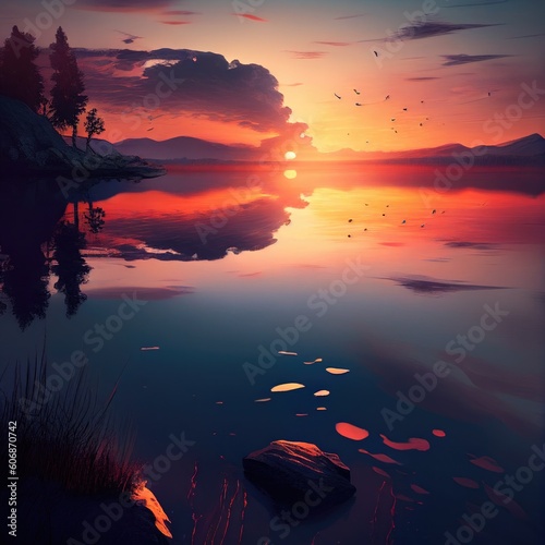 AI Generative Illustration of beautiful sunset on the lake