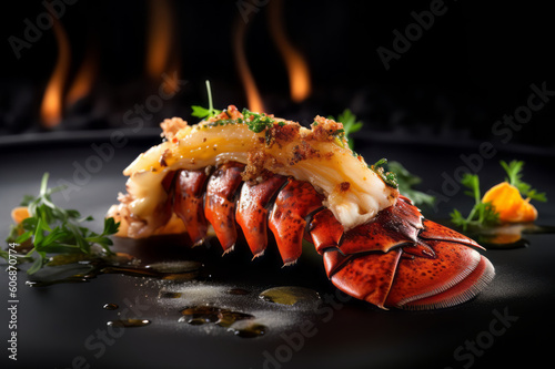 Grilled lobster tail served in a restaurant-style presentation. Generative AI.