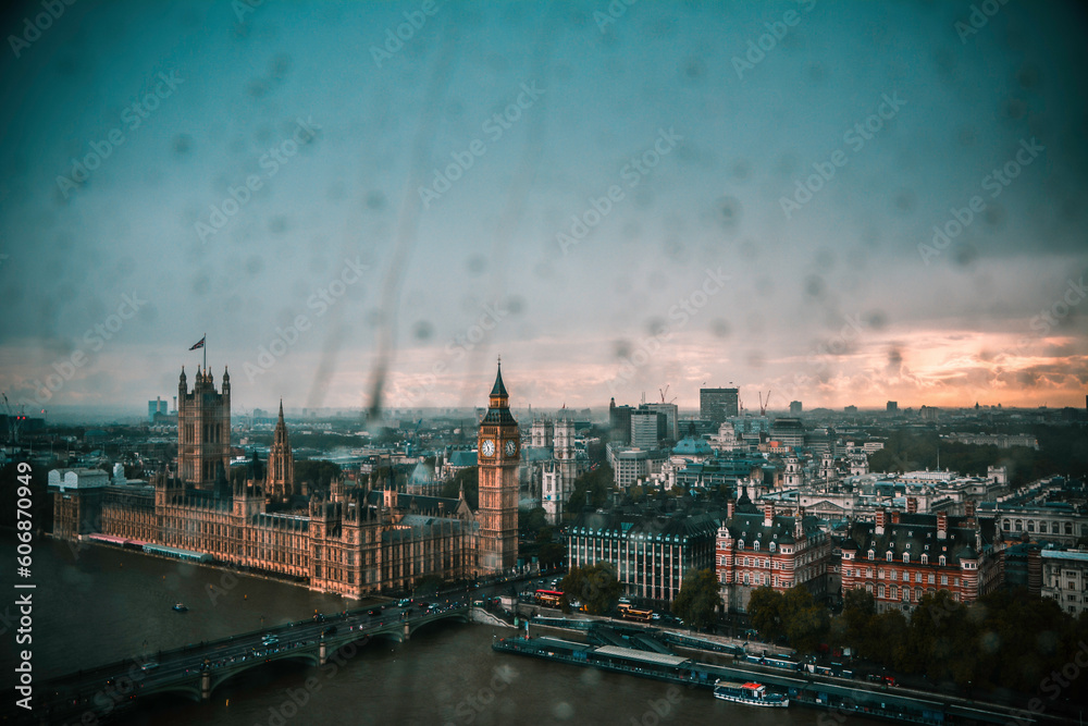 The Big Ben and the Parliament seen from the London Eye on a Rainy Dusk - London, UK