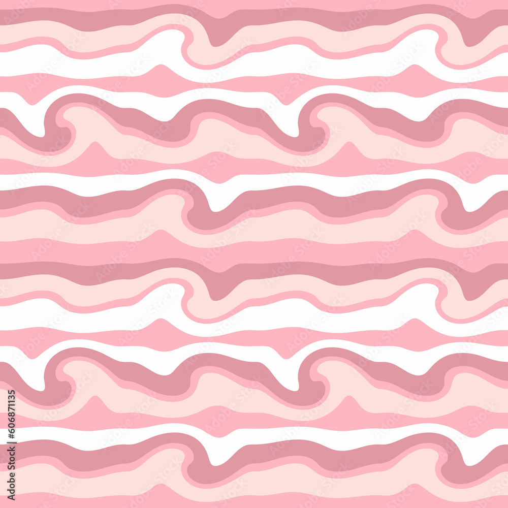 Pink psychedelic seamless pattern in retro 1970s style. Groovy waves print for tee, textile, fabric, paper. Abstract geometric surface for decor and design.