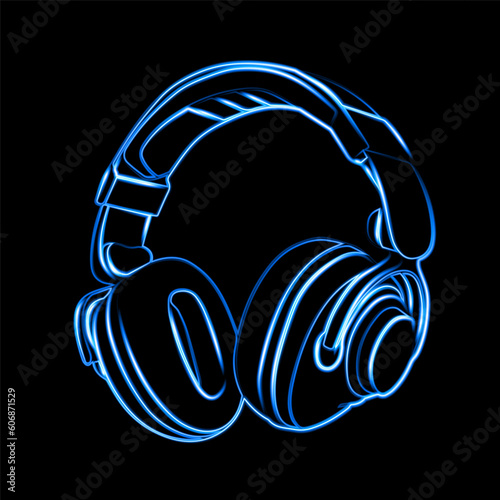 Vector isolated illustration of headphones with neon effect. Headphones silhouette.