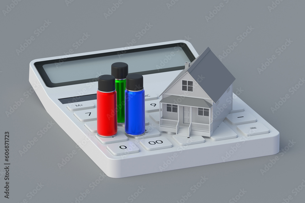 Calculator near building and tools. Construction cost. Repair estimate. Restoration price. Real estate recovery budget. Purchase, sale of construction tools. 3d render