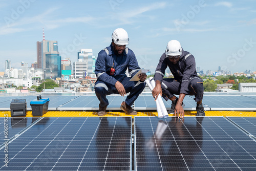 Engineers and technicians check drawings for installing solar cell panels on the roof. alternative energy energy from the sun