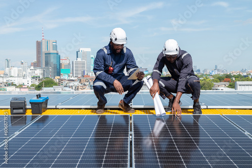 Wallpaper Mural Engineers and technicians check drawings for installing solar cell panels on the roof. alternative energy energy from the sun Torontodigital.ca