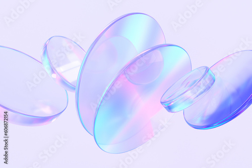 Glass disc shapes with colorful reflections composition. 3d rendering illustration. 