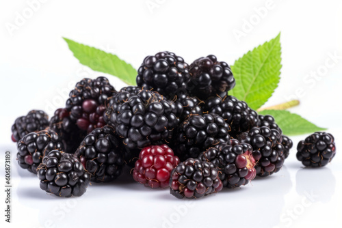 a small pile of ripe blackberries on a clean white background