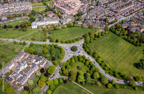 Aerial view directly above a countryside traffic roundabout in Harrogate