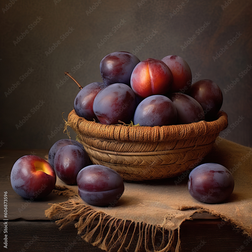 Obraz premium Freshly juicy picked organic plums in bowl on table.