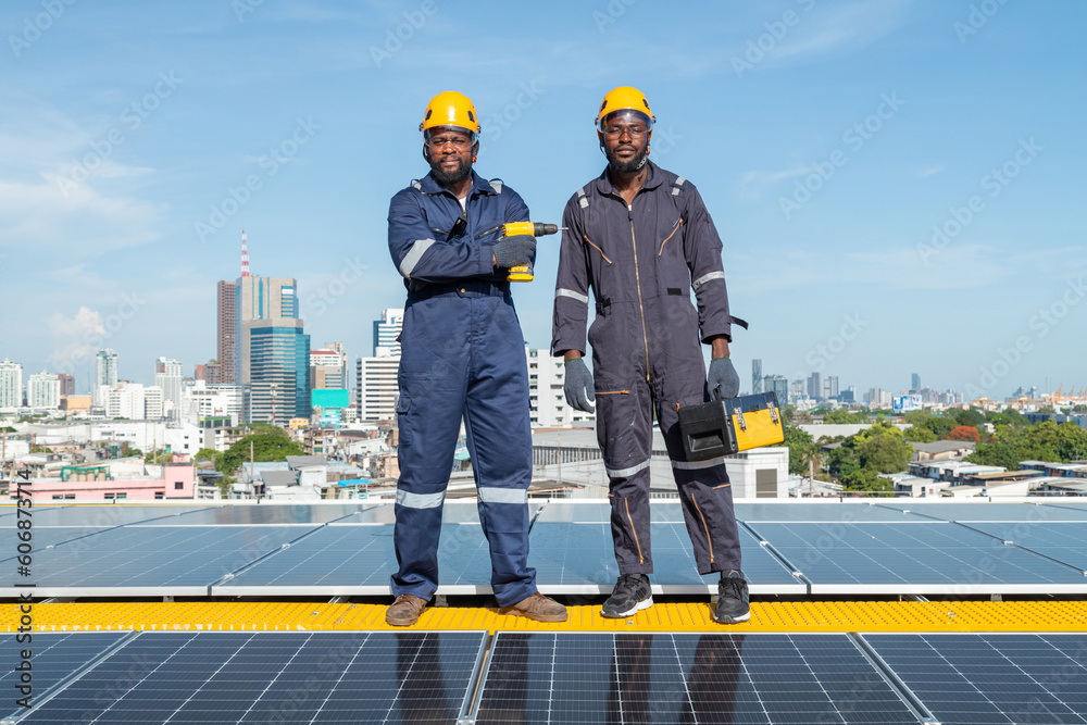 custom made wallpaper toronto digitalEngineers and technicians check drawings for installing solar cell panels on the roof. alternative energy energy from the sun