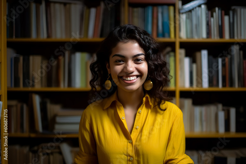 Smiling young woman in yellow shirt standing near bookshelves, contemporary feminism. Generative Ai Illustration.