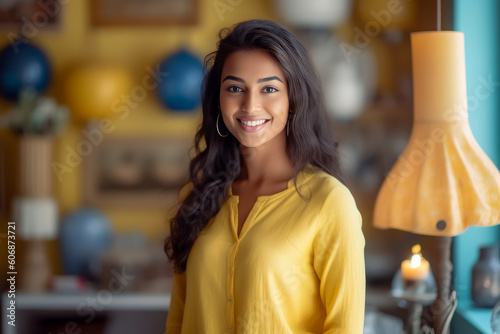 Smiling young woman in yellow shirt standing near bookshelves, contemporary feminism. Generative Ai Illustration.