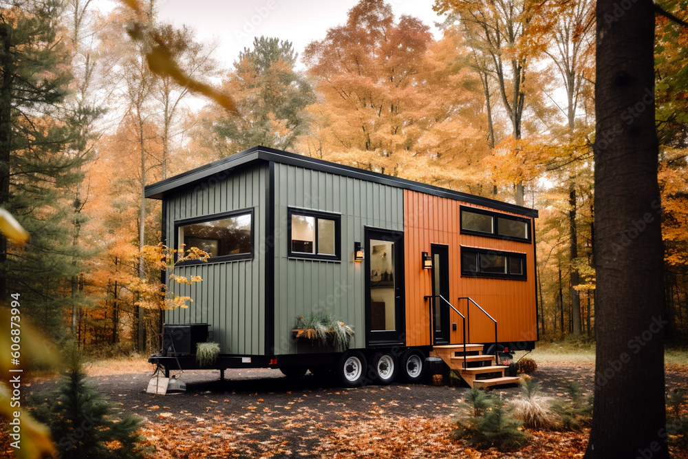 Tiny Home in autumn forest. Compact living space designed with efficiency and style in mind to make it ideal for the modern consumer. Generative AI content Tiny Home in autumn forest. Compact living space designed with efficiency and style in mind to make it ideal for the modern consumer. Generative AI content