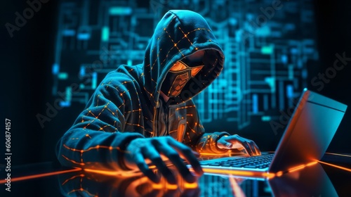 Anonymous hacker with mask and a hoody using laptop for data theft, data thief, concept of cybersecurity, phishing, cybercrime, generative ai