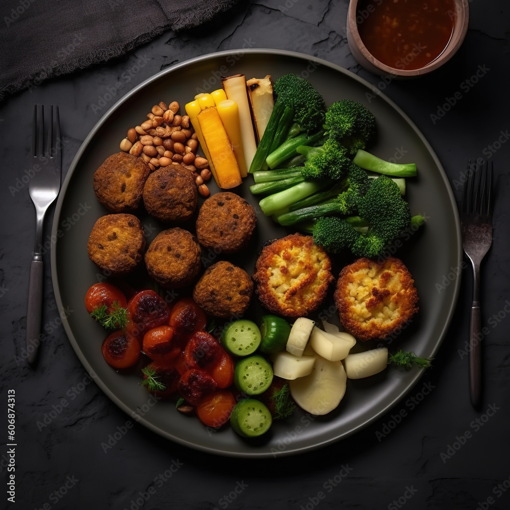 Dietary menu. Fresh vegetables in a healthy salad with tomatoes, avocado, arugula, radish, and seeds in a bowl. vegan cuisine Lay flat. a top view. Generative AI Dietary menu. Fresh vegetables in a healthy salad with tomatoes, avocado, arugula, radish, and seeds in a bowl. vegan cuisine Lay flat. a top view. Generative AI