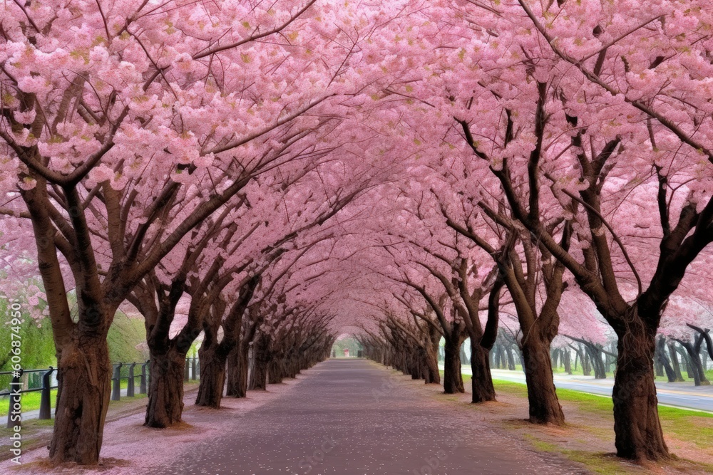Blossoming cherry trees in delicate pink hues - Generative AI Blossoming cherry trees in delicate pink hues - Generative AI