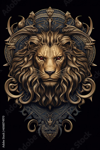 Gold lion crest or emblem, on a navy blue shield. Ornate 