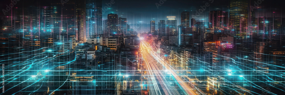 banner. 5G, wireless internet wifi connection. high speed internet broadband network.neon glow of the city.AI generative banner. 5G, wireless internet wifi connection. high speed internet broadband network.neon glow of the city.AI generative