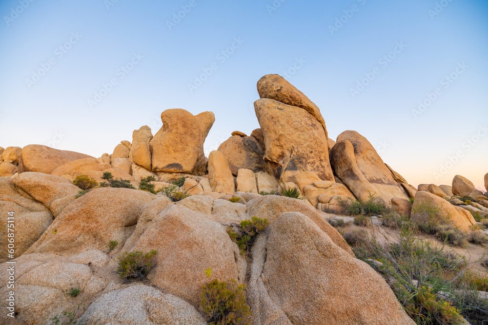 Incredible sunset landscape in Joshua Tree National Park with gradient orange and blue panoramic sky in fall, autumn with large rock boulders in desert. 