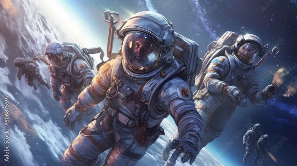 Team of astronauts embarking on a thrilling mission to explore uncharted planets, complete with futuristic spacesuits and high - tech spacecraft Team of astronauts embarking on a thrilling mission to explore uncharted planets, complete with futuristic spacesuits and high - tech spacecraft