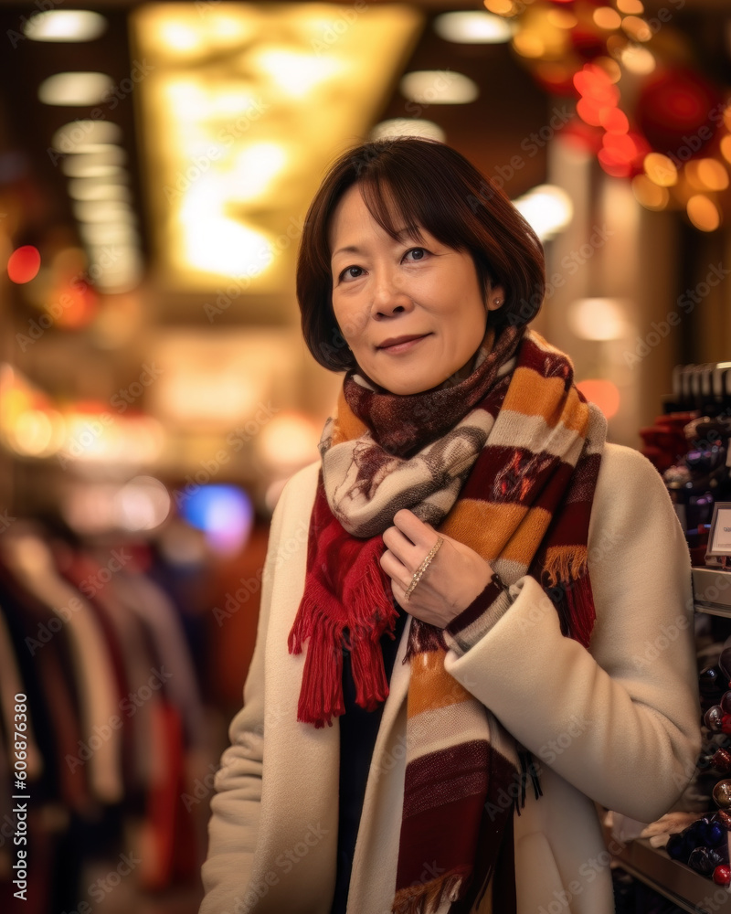AI generated portrait of Asian middle aged woman shopping in mall decorated for Christmas