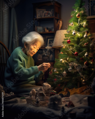 AI generated portrait of Asian old woman decorates Christmas tree