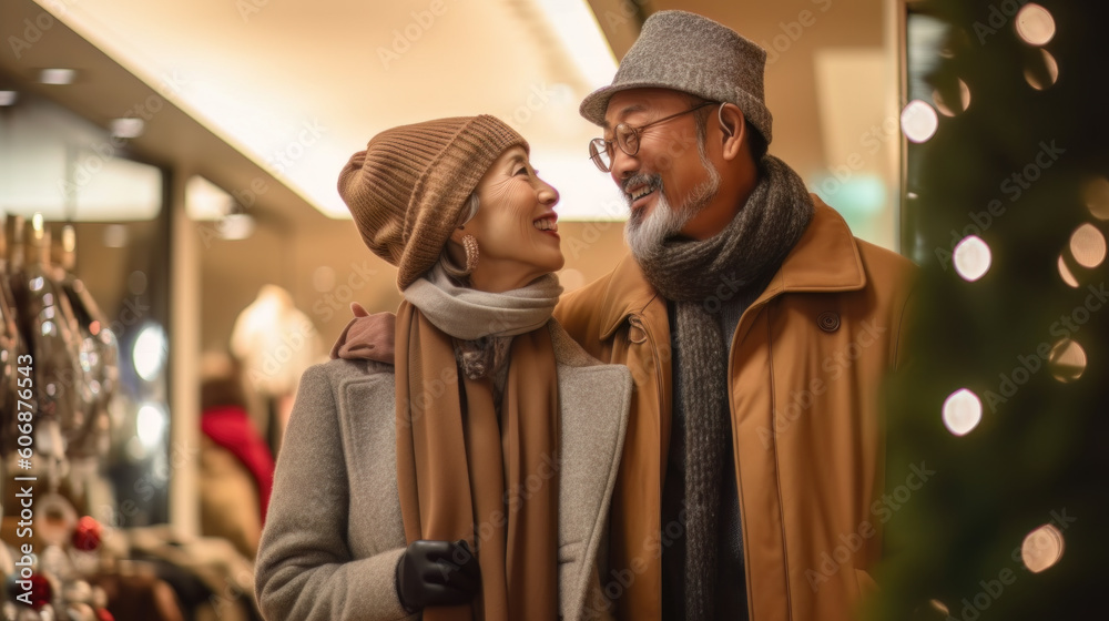 AI generated portrait of Asian couple shopping in mall decorated for Christmas