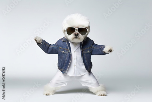 portrait of a dressed dog dancing over a white background © QuantumVisions